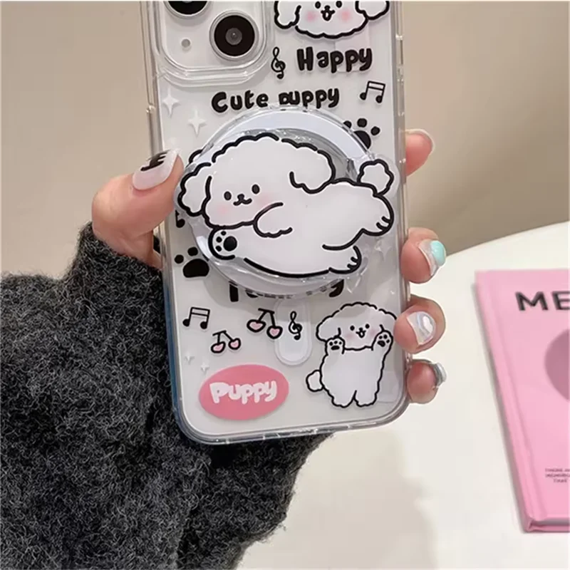 

Магнитный держатель с милым белым щенком из мультфильма, ручка для телефона Tok Griptok, кронштейн для iPhone 16, 15, 14, чехол Magsafe Smart Tok