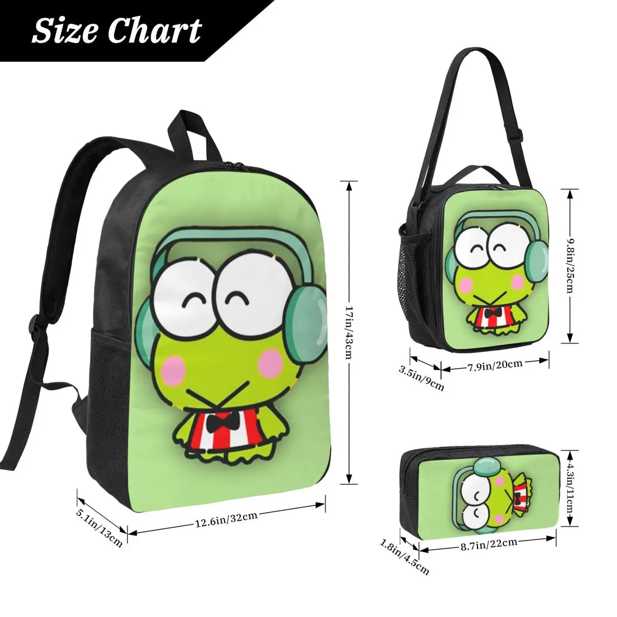Keroppi كبير العينين الضفدع الكرتون على ظهره بنين بنات BookBag حقيبة مدرسية كمبيوتر محمول حقائب كتف 3ps معزول حقيبة الغداء مقلمة