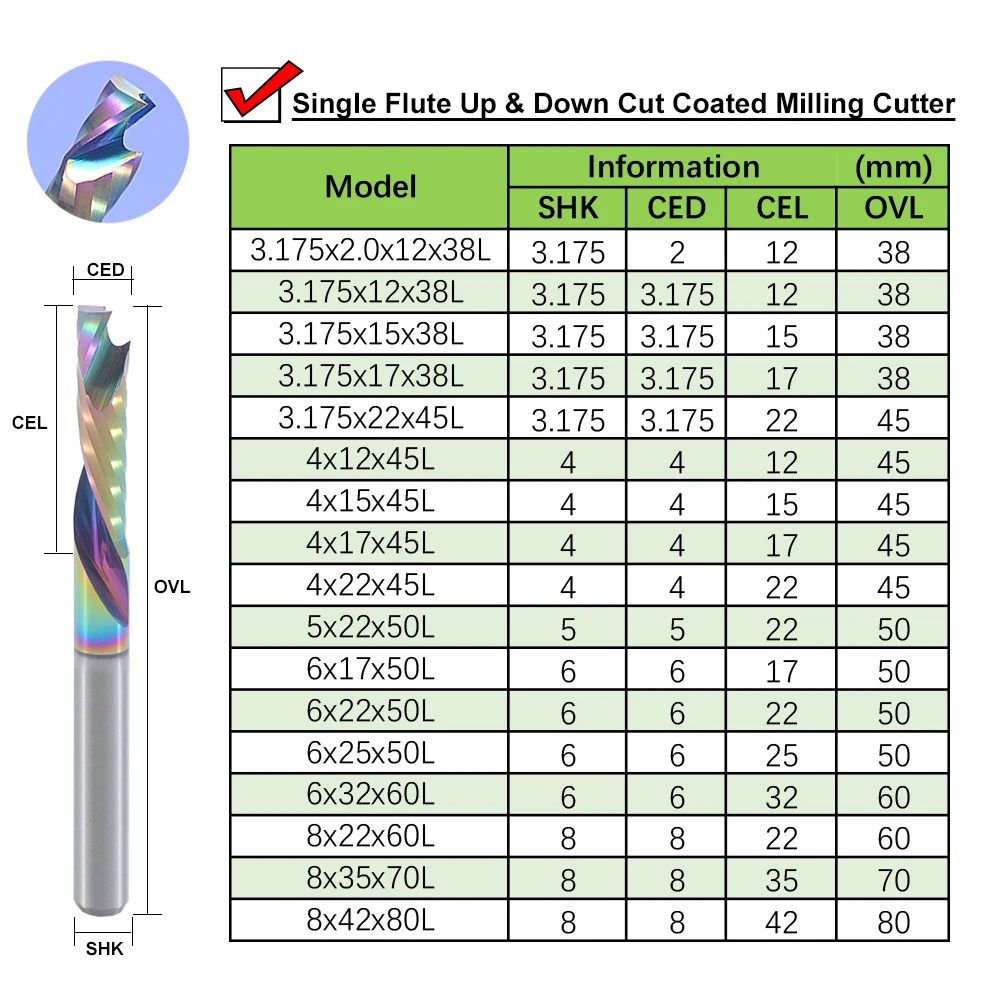 1PCS Up & Down Cut Carbide End Mill 3.175/4/5/6/8mm Single Flute Spiral Milling Cutter Engraving Machiner Wood Cutting Tools Ev