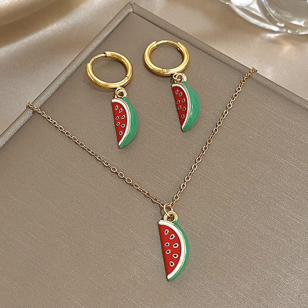 New Fashion ​​Watermelon Pendant Necklace Earrings Jewelry Set Stainless Steel Jewelry Gift for Women Sweet Lovely Necklace