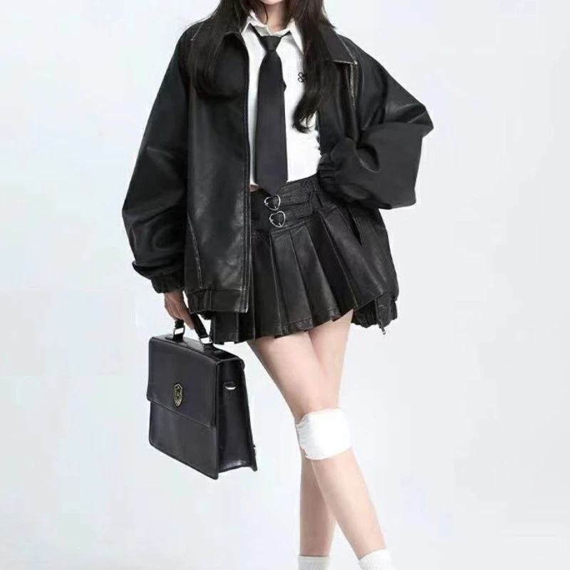 ديبتاون خمر تنورة جلدية بنية المرأة Y2k مثير القوطية مطوي تنورة صغيرة سوداء الشرير الجرونج الرجعية التنانير القصيرة الشارع الشهير