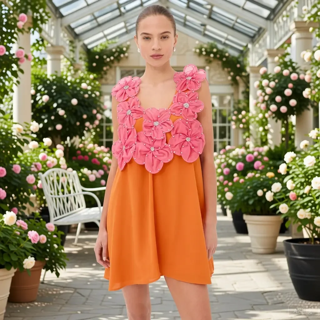 

Luxury Mini Party Dress Bright Orange V-Neck Chiffon Gown with Hot Pink Sequin Appliqué Summer Evening Dresses Sexy Mini Skirt