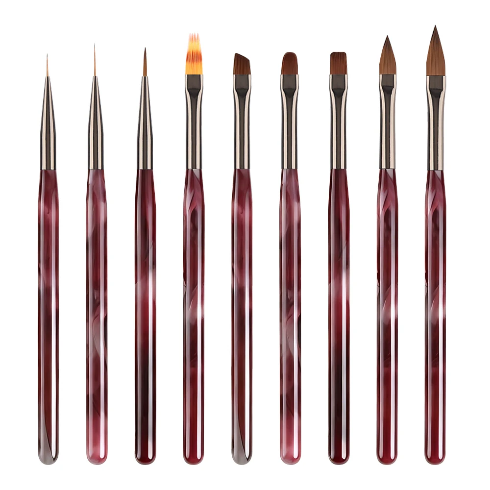 New 1/9PCS Wine Red Ink-Style Acrylic Nail Art Brush Set - Nail Extension Tool Pro Salon Home DIY Manicure Painting Design Kit