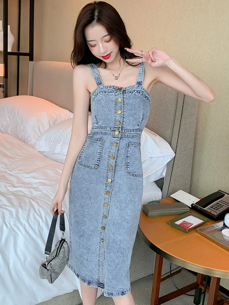 New Fashion Summer Women Denim Dress Chic Casual Vintage Sexy Strap Slim Slit Midi Dresses Vacation Street Clothes Mujer Vestido