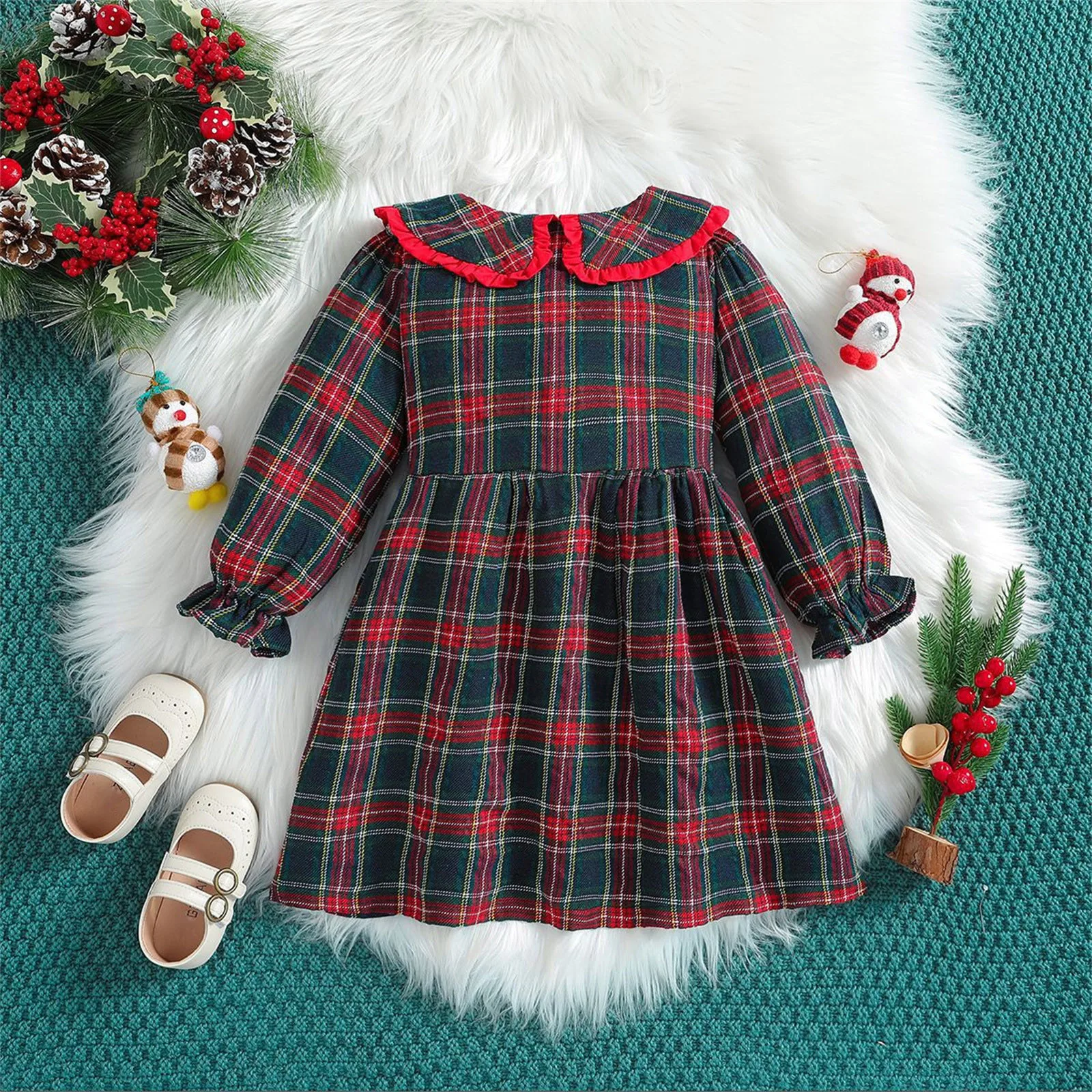 Children Princess Dres Kids Baby Girls Dress Plaid Doll Collar Buttons Long Sleeve Dress Fall Fashion Casual Princess Dress 3-7T