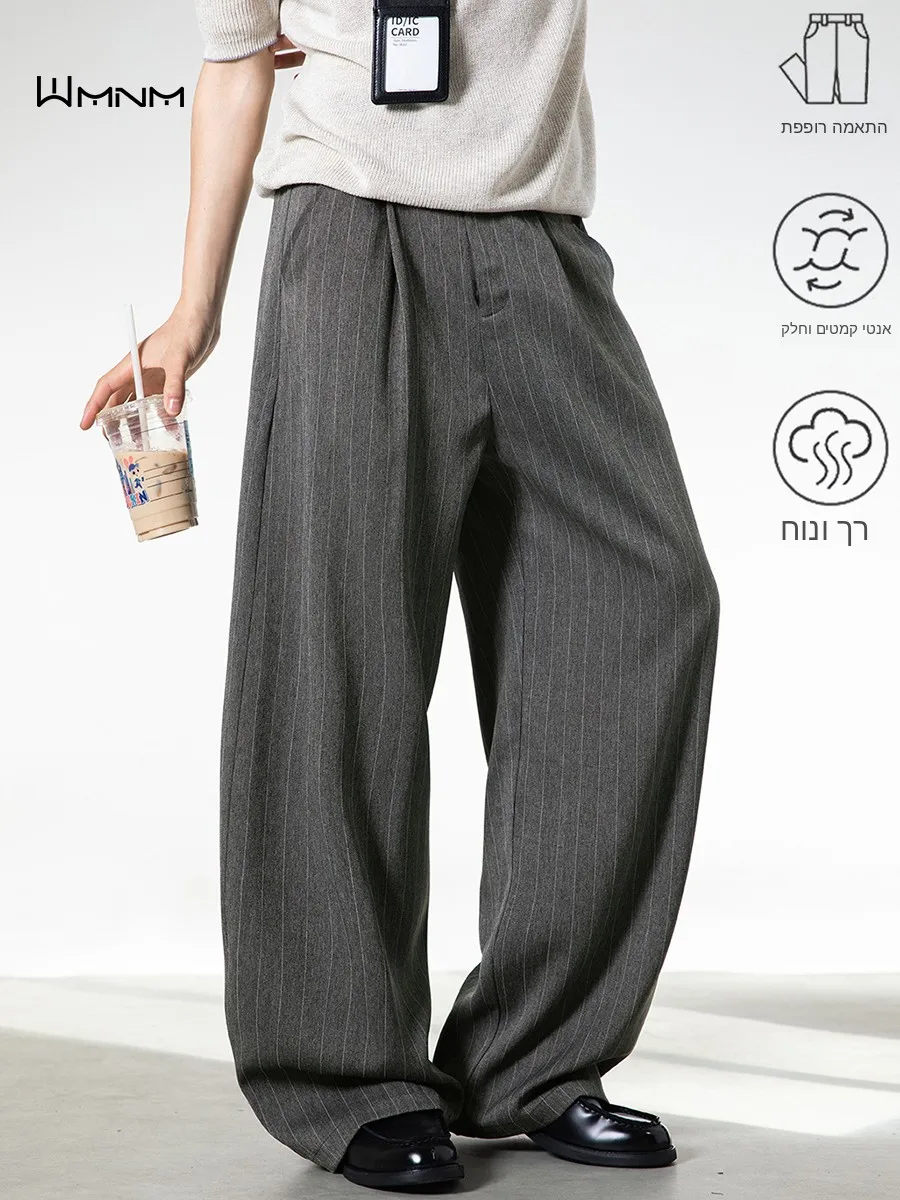 Men's Casual Trousers Grey Stripe Pleated Loose Wide Leg Winter Thickened Drapey High-End Feeling Comfortable Long Pants