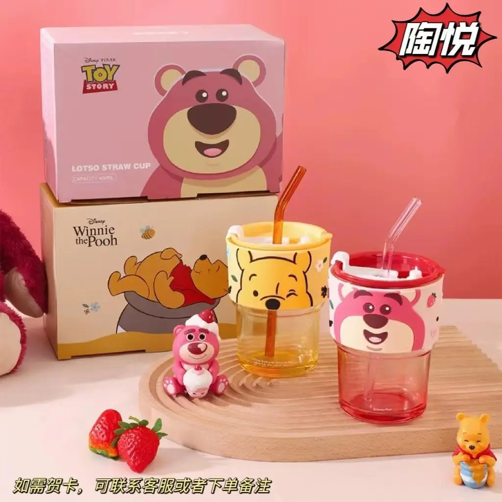 400ml Disney Figures Winnie The Pooh Lotso Transparent Glass Milk Cartoon Milk Kitchen Printed Drink Juice Sippy Cup For Gift