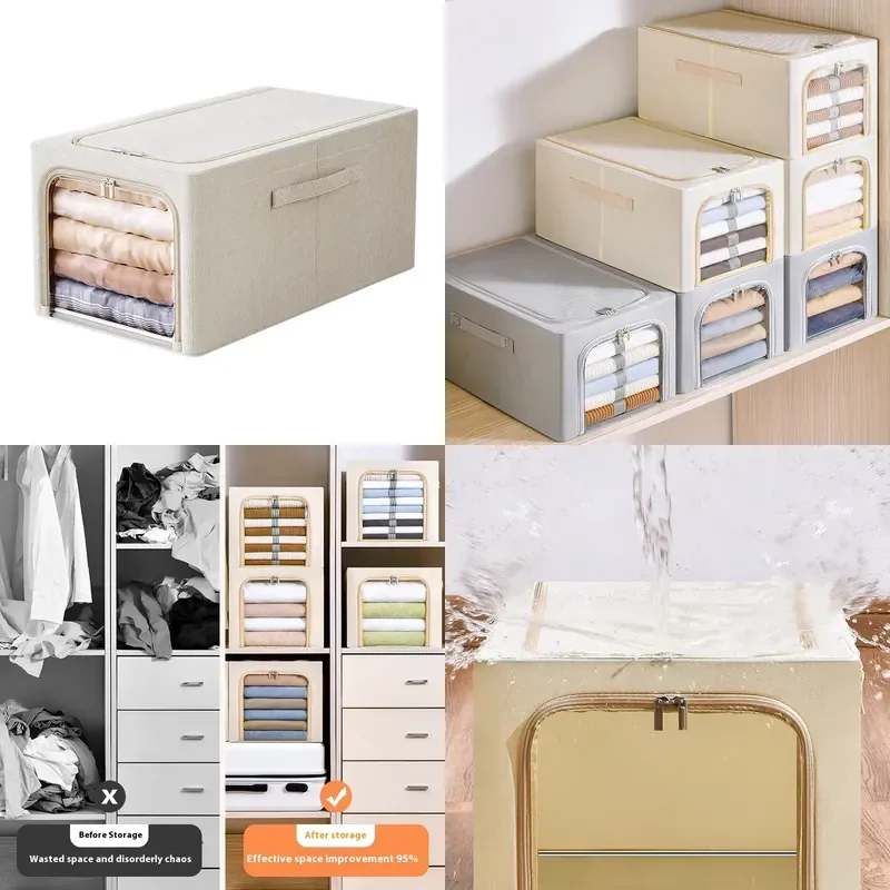 High Quality Rectangular Cotton Linen Fabric Stackable Ziplock Clothing Storage Box Large Capacity Modern Organizer