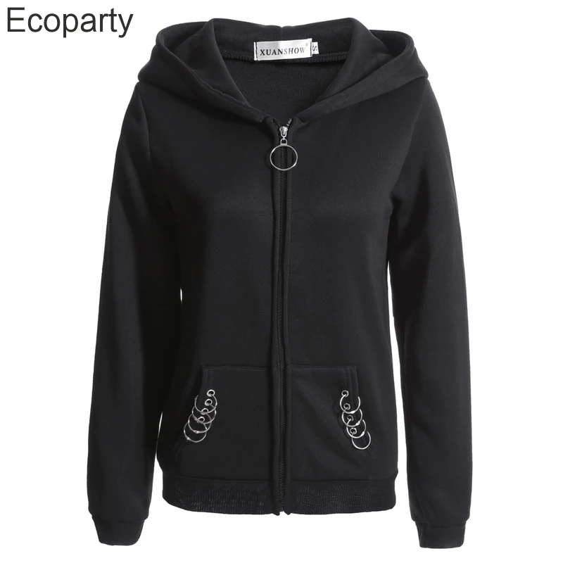 5xl Women\'s Gothic Punk Hoodies Spring Autumn Black Iron Ring Zipper Long Sleeve Jacket Casual Sweatshirts Jacket For Women