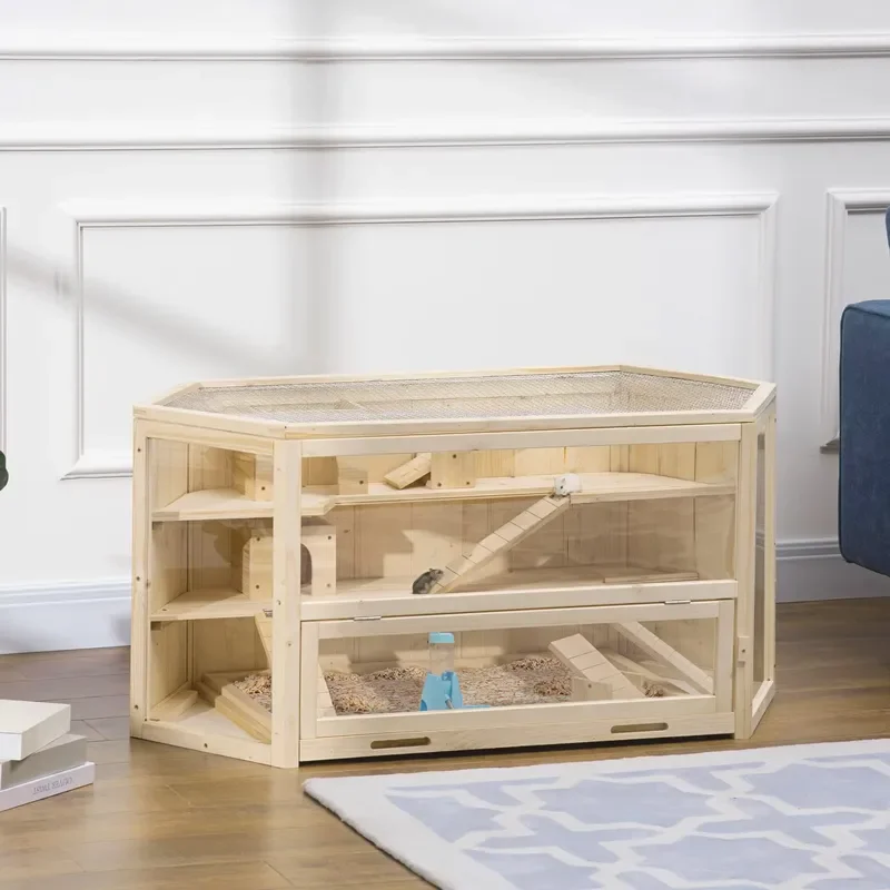Wooden Large Hamster Cage, Rat Habitat, 3 Tier Small Animal Exercise Play House with tray, Activity Center, Natural