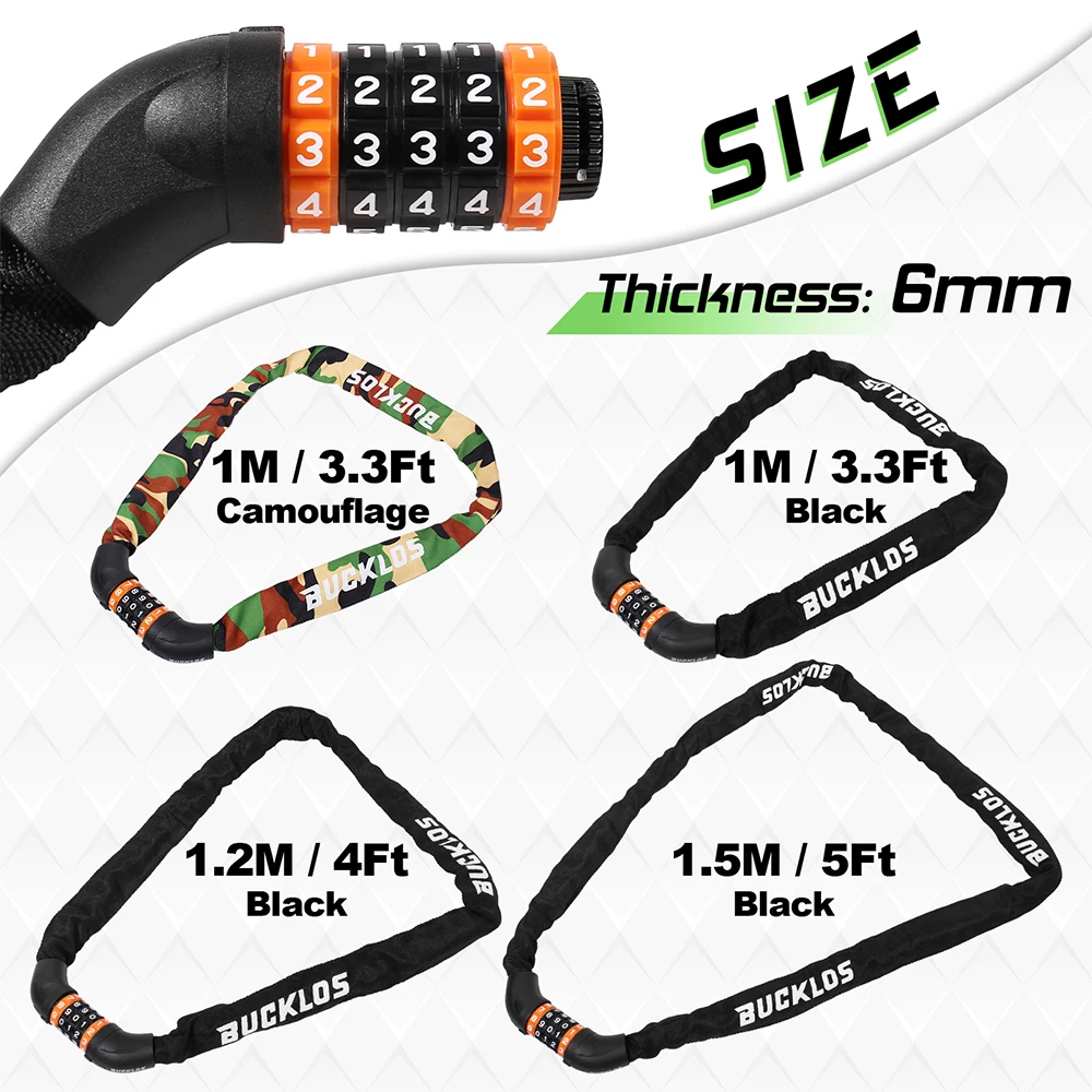 BUCKLOS 0.65/1/1.2/1.5M Bicycle Chain Lock Zinc Alloy Core Durable Bicycle Lock Chain 5-Digit Password Safety Bike Locks
