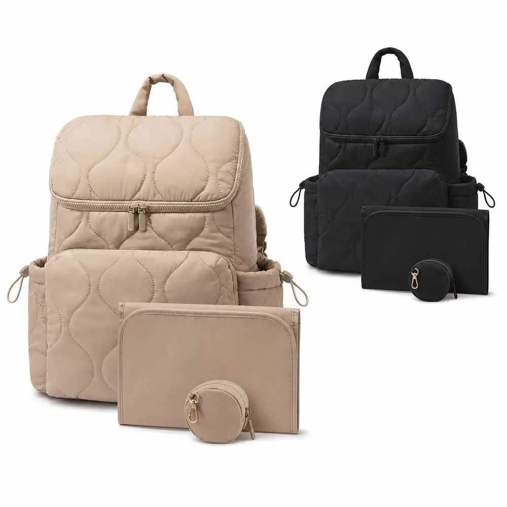 Waterproof Diaper Bag Backpack 3 in 1 Quilted Mom Backpack Pacifier Holder Stroller Buckles Changing Bag Hands-Free Carry