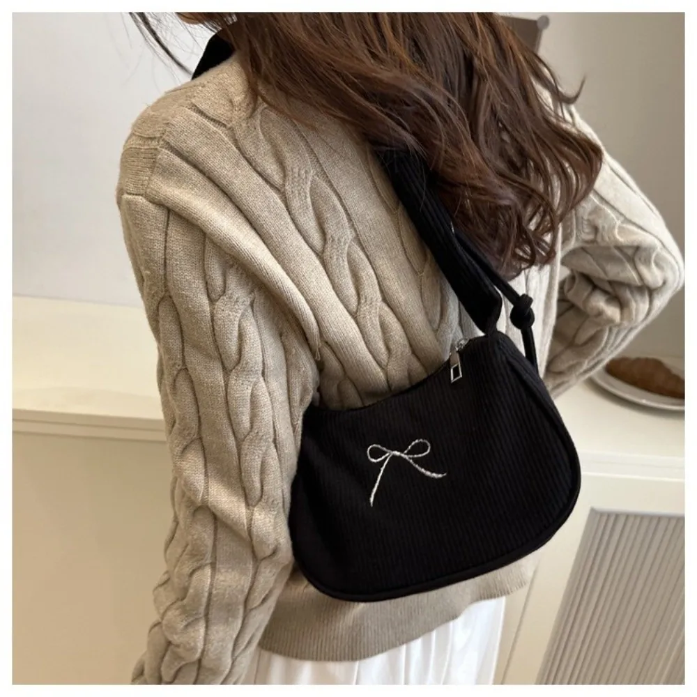 Solid Color Corduroy Shoulder Bag Zipper Closure Polyester Lining Underarm Purse Adjustable Strap Bow Embroidery