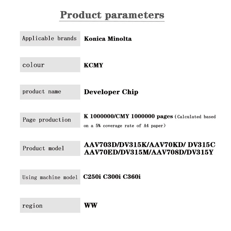 AAV703D/DV315K AAV70KD/DV315C AAV70ED/DV315M AAV708D/DV315Y  Developer Chip for Konica Minolta® bizhub C250i C300i C360   for