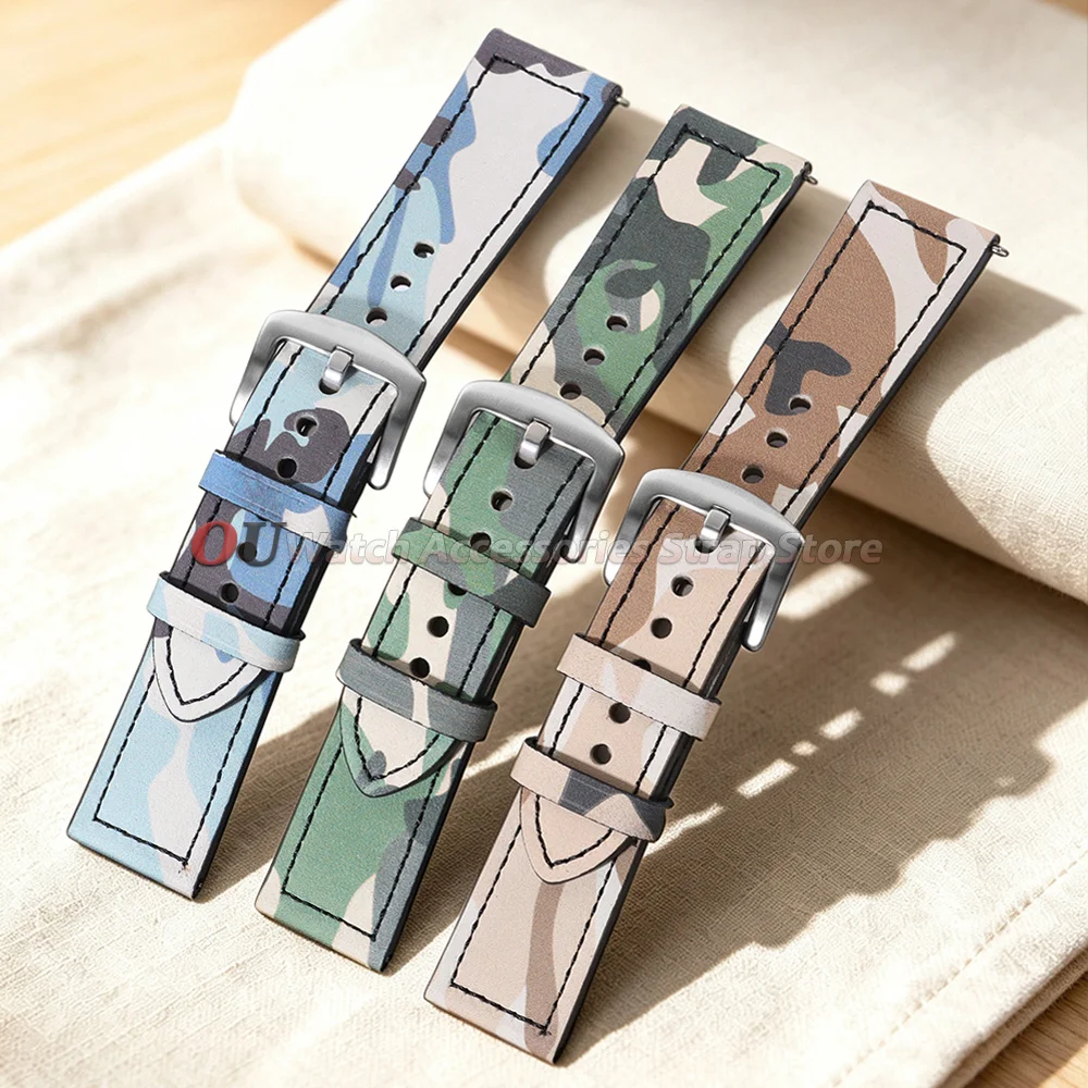Camouflage Leather Watch Strap 20mm 22mm for Omega Top Grain Leather Watch Band Soft Quick Release for Seiko Men Women Watchband