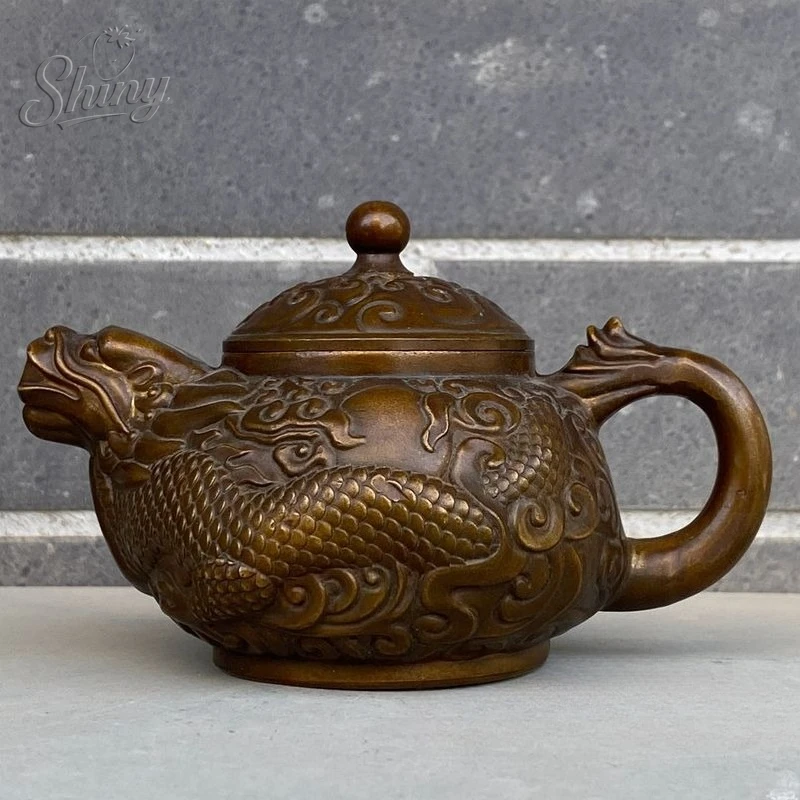 

Винтажный твердый медный резной чайник с рисунком дракона, домашний настольный чайник, декоративная деталь
