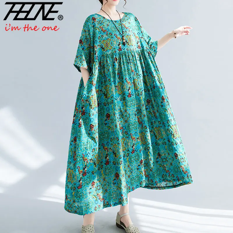 Summer Dress Women Vintage Cotton Floral Casual Loose Print Robe Korean Fashion Oversize Ladies Long Dresses Vestido Feminino