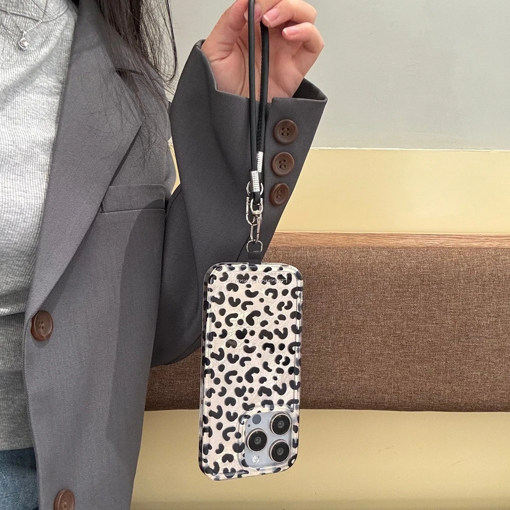 Geavanceerde zilveren luipaardprint tinfoliepatroon met lanyardhouder schokbestendig telefoonhoesje voor iPhone 16 15 14 13 Pro Max