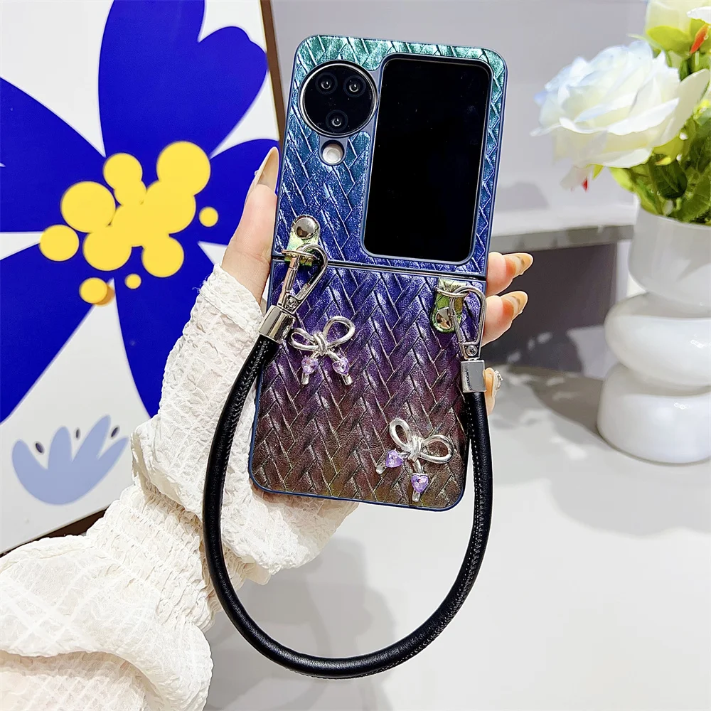 

Bow Gradient Woven Phone Case For OPPO Find N3 N2 Flip Hand Strap PC Hard Shell Protective For OPPO Find N3 Flip Back Cover