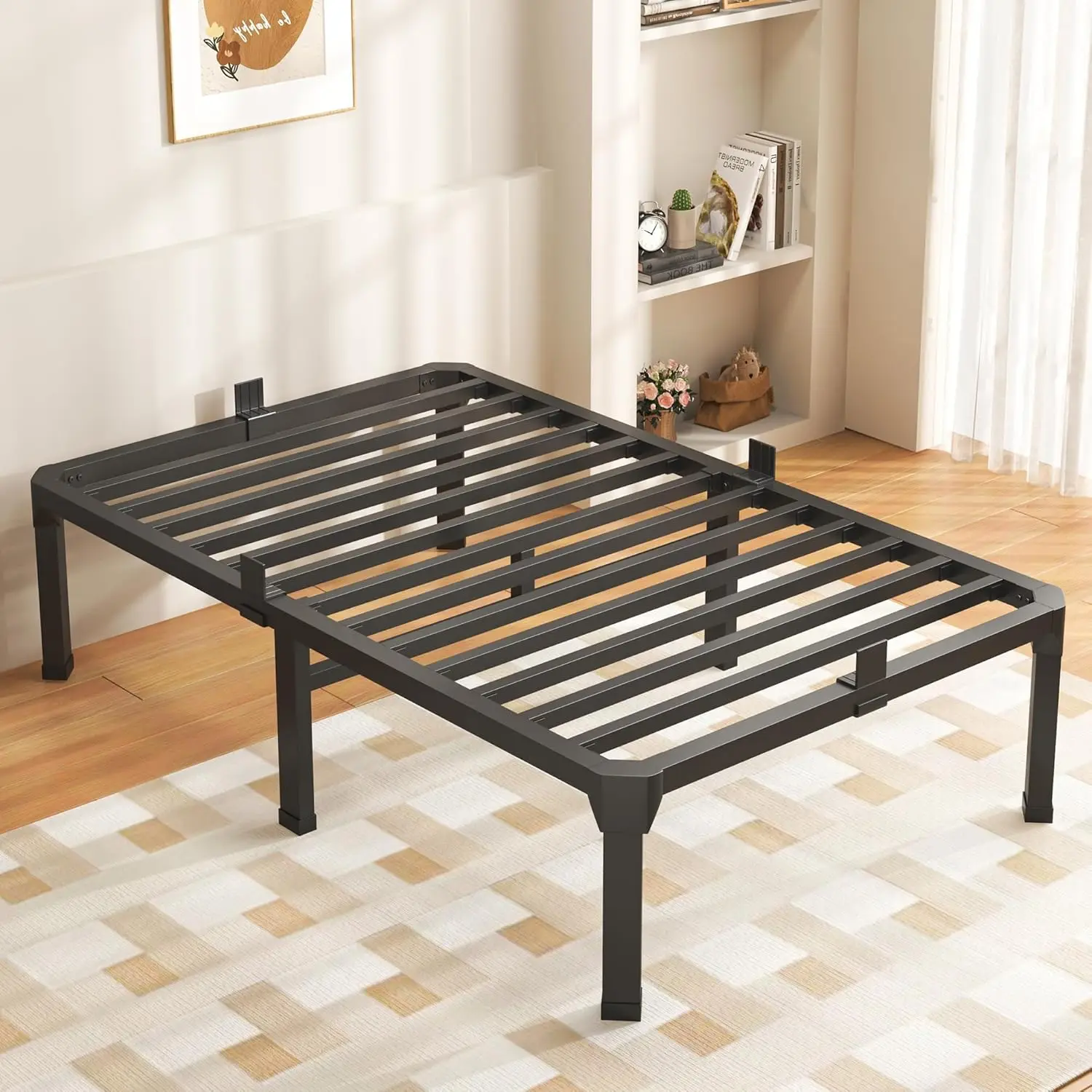 14 Inch Twin Size Bed Frame with Mattress Stopper, Anti-Squeak Steel Slats, Heavy Duty Noise Free Easy Assembly Platform
