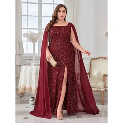 Plus Size Women's Sleeveless Sequined Evening Gown, Loose Chiffon Cape, Big Size, Square Neck,  Four Seasons, Luxury