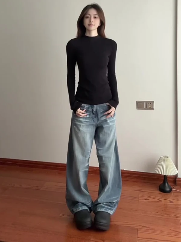 

American Sle Vintage Waed Knife Jeans Women's Low Waist Loose Straight Leg Wide Leg Floor Length Drapey Scythe Pants