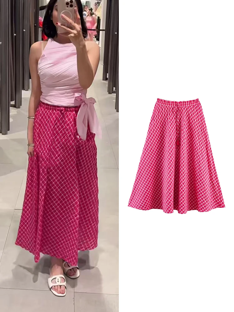 2026 Women Plaid Large Swing Skirt Casual Fashionable A Line Elastic Waisted Long Skirt Summer New Sweet Streetwear