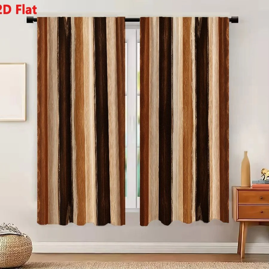2Pcs Curtains 2D Flat Vertical Striped Pattern Brown Tan Cream Wood Grain Interior Design Background Texture Window Drapes for B