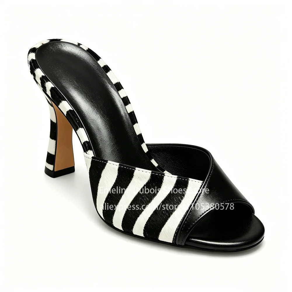 Zebra Print Peep Toe Mid Heel Mules Women Patent Leather Trim Kitten Heel Slippers Slip on Retro Streetwear Party Casual Shoes view 6
