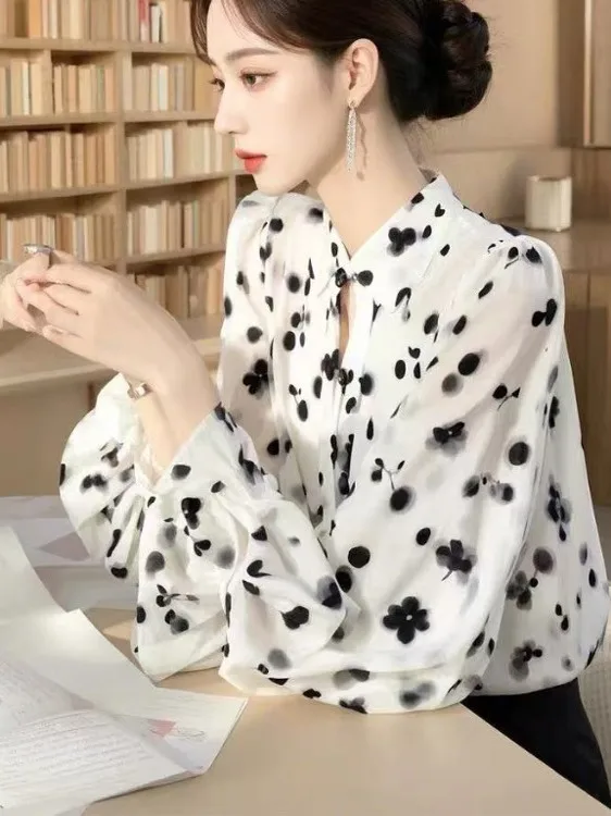 

Белая женская рубашка с цветочным принтом, модная, весенняя, класса люкс, уникального прямого кроя, с длинным рукавом и воротником