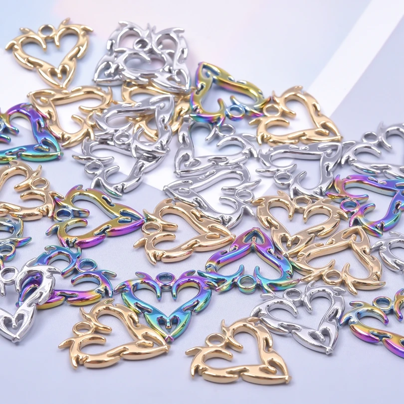 10pcs Gold Plated Rainbow Color Heart Shape DIY Jewelry Making Pendants for Necklace Earrings Stainless Steel Charms Accessories