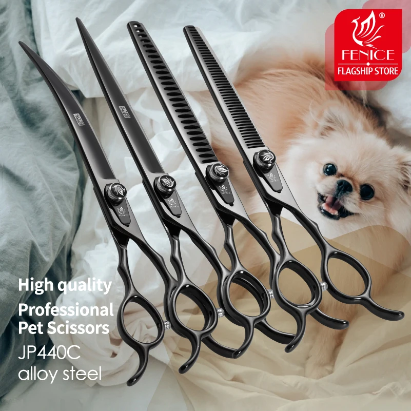 

Fenice JP440C Steel Professional Black Canine Hairdressing Scissors Straight Thinner Curved Chunker Pet Grooming Clipper Shears