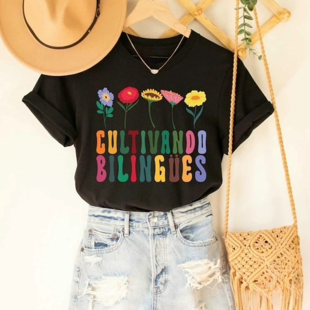 Cultivando Bilingues قميص الأزهار Maestra Bilingue التي شيرت لغة مزدوجة المعلم تي شيرت المعلم الإسباني هدية المحملة المرأة القطن T