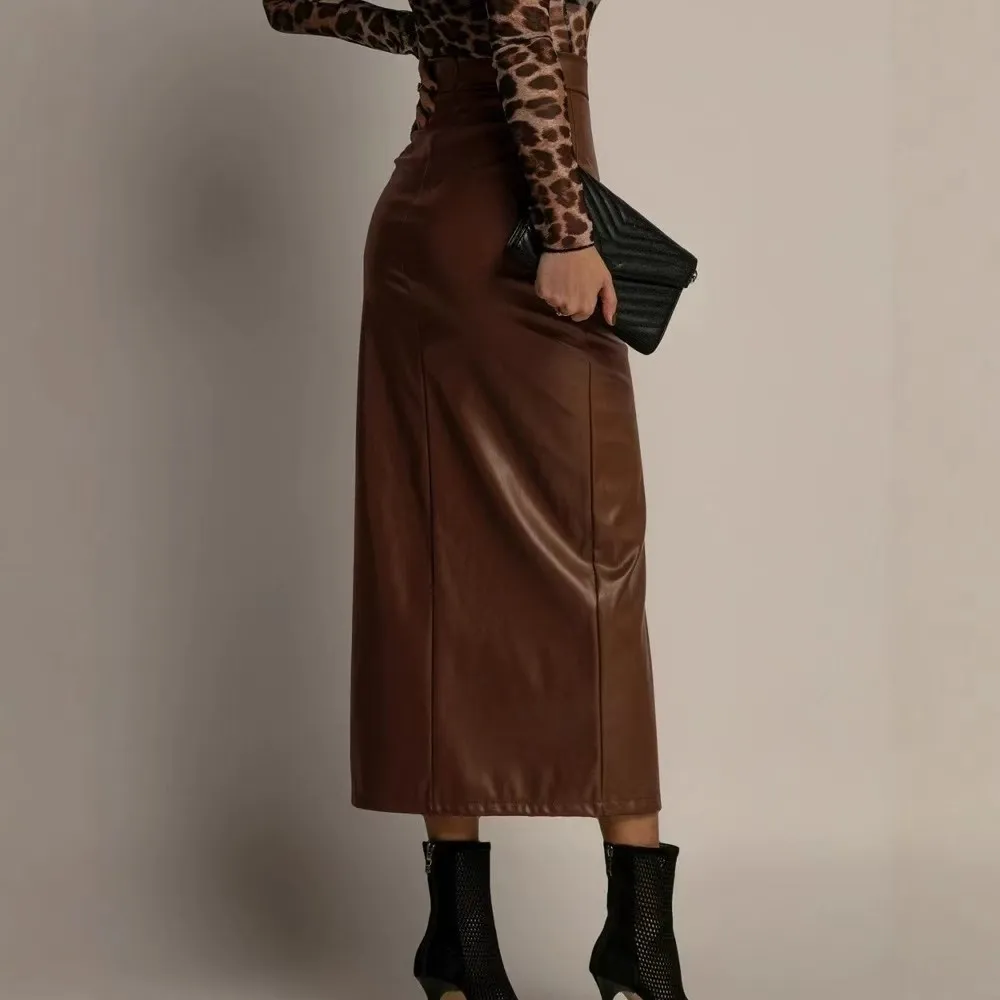 High Waist Pure Color Bodycon PU Leather Split Skirt Sexy Mid-Length Women's Faion Commute Sle Skirt