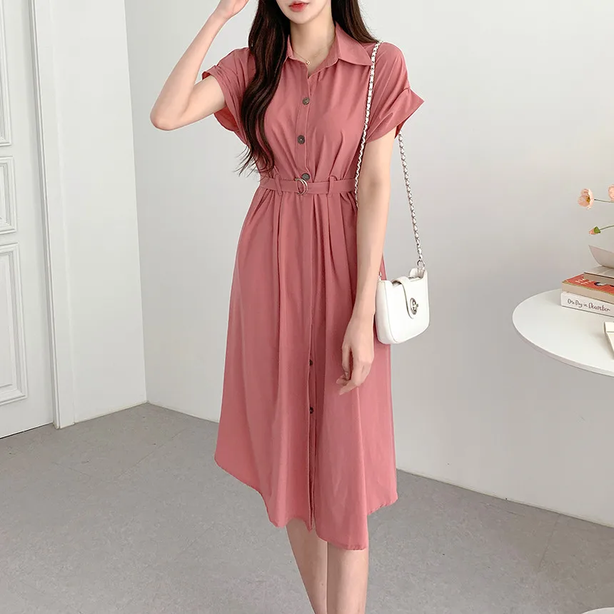 Women's Summer New Lace Up Short Sleeved Long Shirt Dress