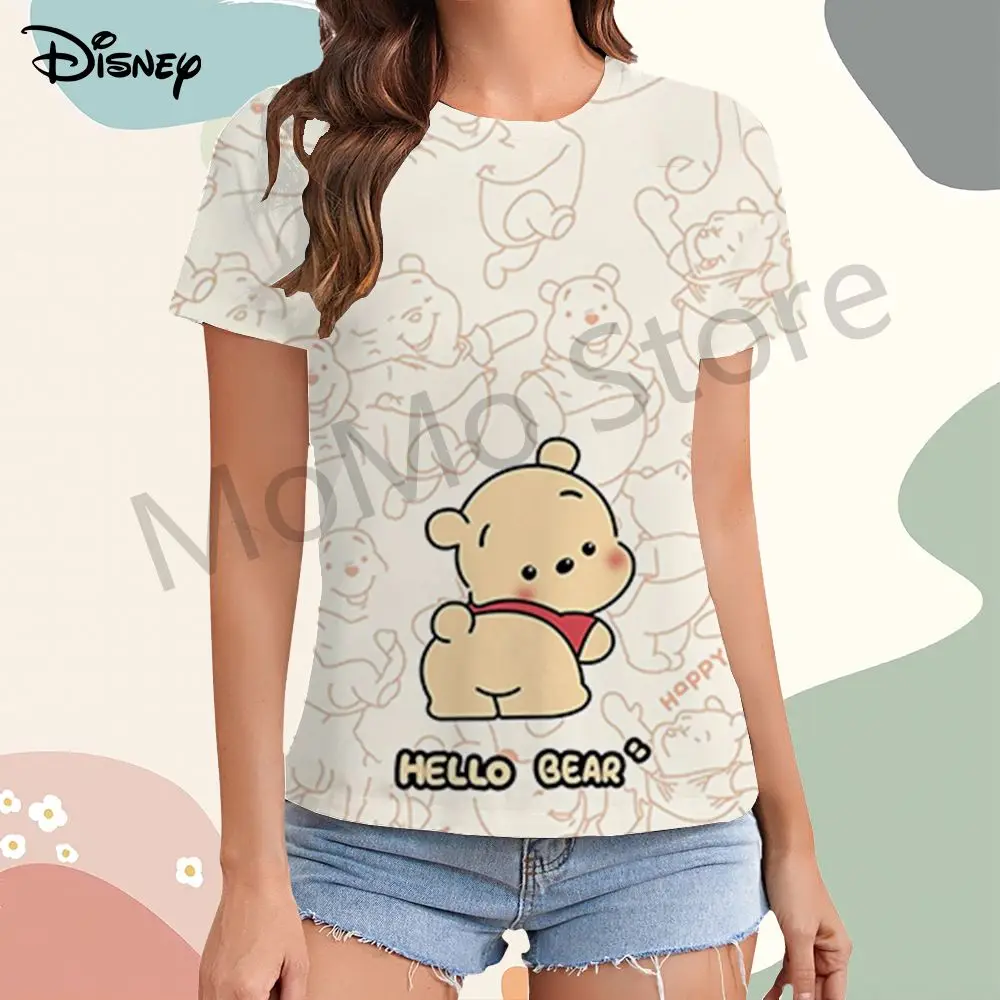 Kawaii Disney Winnie The Pooh Women's T-Shirt 2024 O Neck New Short Sleeve Tops Streetwear Cheap Clothes Lovely Y2k Summer Woman