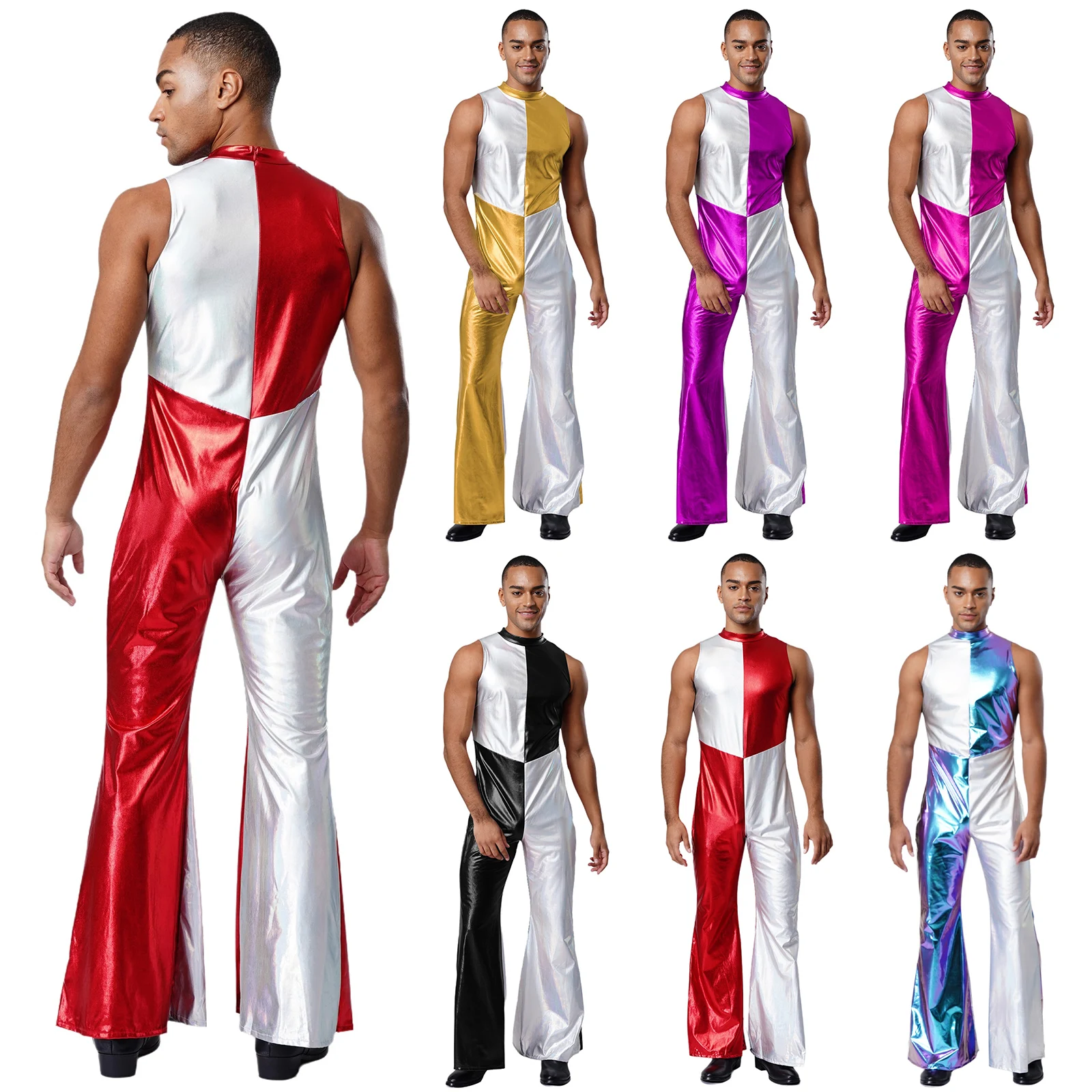 メンズ メタリック パッチワーク ジャンプスーツ ノースリーブ フレアパンツ ホログラフィック ロンパース 70年代 ディスコパーティー ジャズ タンゴ クラブ ダンス衣装