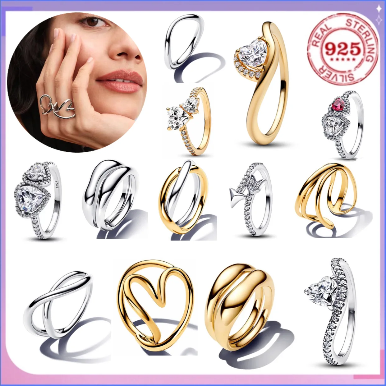 

Romantic 100%925 sterling silver double heart irregular design layered charm ring suitable for Diy women's wedding fine jewelry
