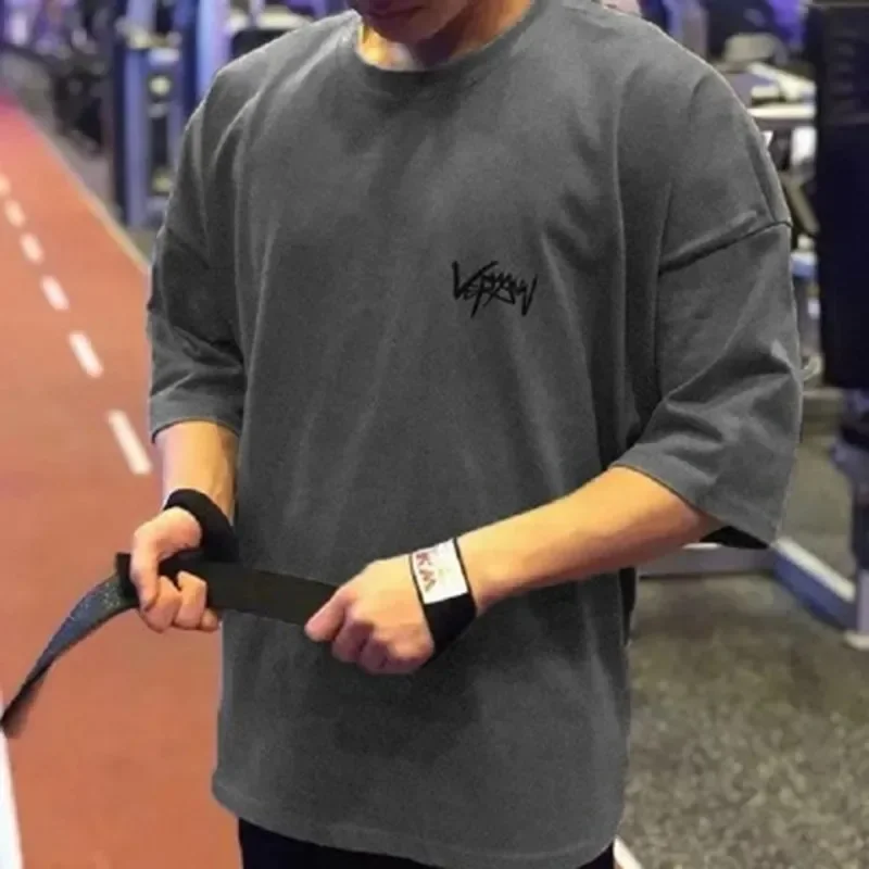 남성용 라운드 칼라 스포츠 티셔츠, 오버사이즈 코튼 티, 트레이닝 러닝 셔츠, 스트리트웨어, 반팔 티셔츠, 여름 신상