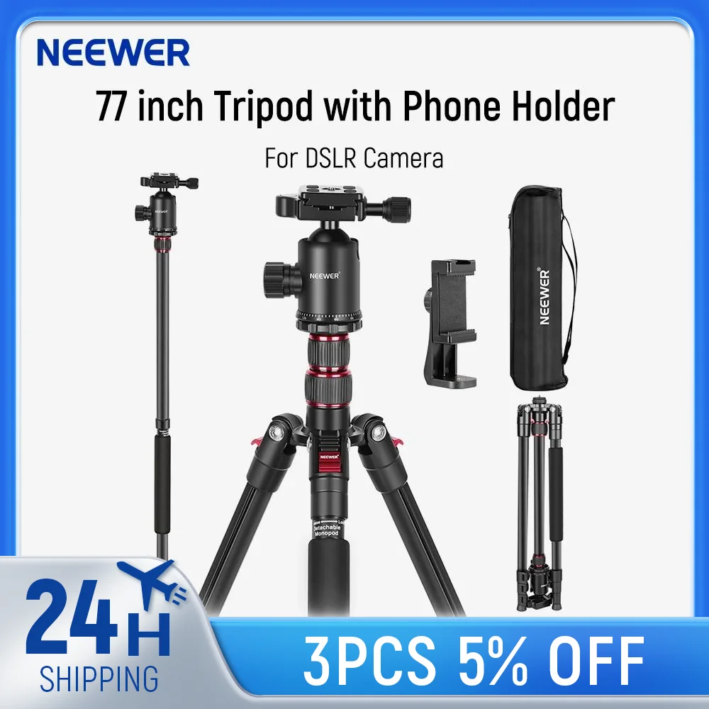 NEEWER 77 inch Camera Tripod Monopod with Phone Holder for DSLR, Phone with 360° Panoramic Ball Head, 2 Axis Center Column