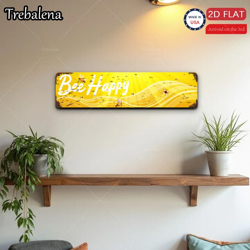 Letrero de metal de 1 pieza, letrero de metal plano 2D "Bee Happy de 4x16 pulgadas, arte de pared amarillo brillante para decoración del hogar"