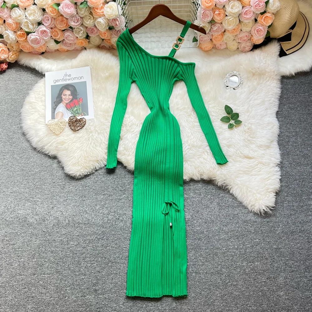 YuooMuoo シックなファッションセクシーなラップヒップスプリットニット秋ドレス女性スリム弾性巾着ボディコンロングドレスストリートレディ