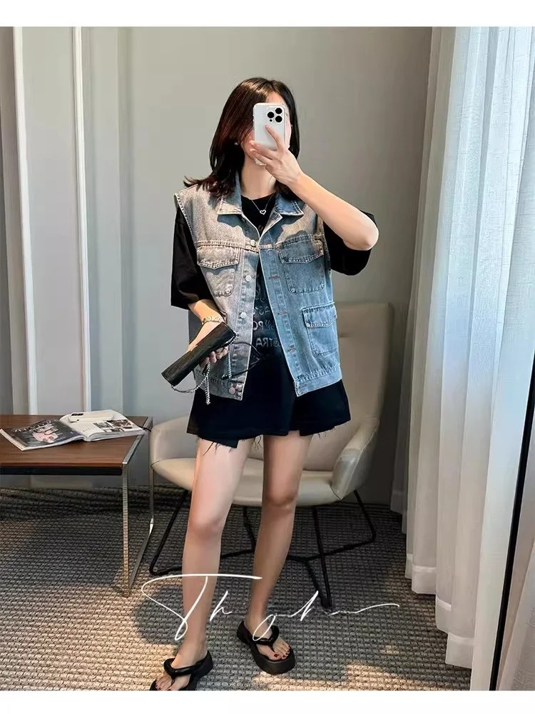 

Fashionable Denim Vest Top Outerwear Short Sleeve T-Shirt Women Loose Set Summer Casual Style Cotton Fabric Adult Size