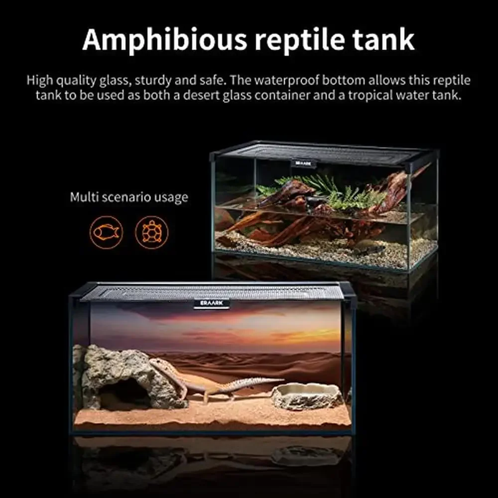 Glass Reptile Tank 4.5 Gallon with Top Ventilation Hide Cave Water Bowl Small Reptile Terrarium Bearded Dragon Lizard Spider