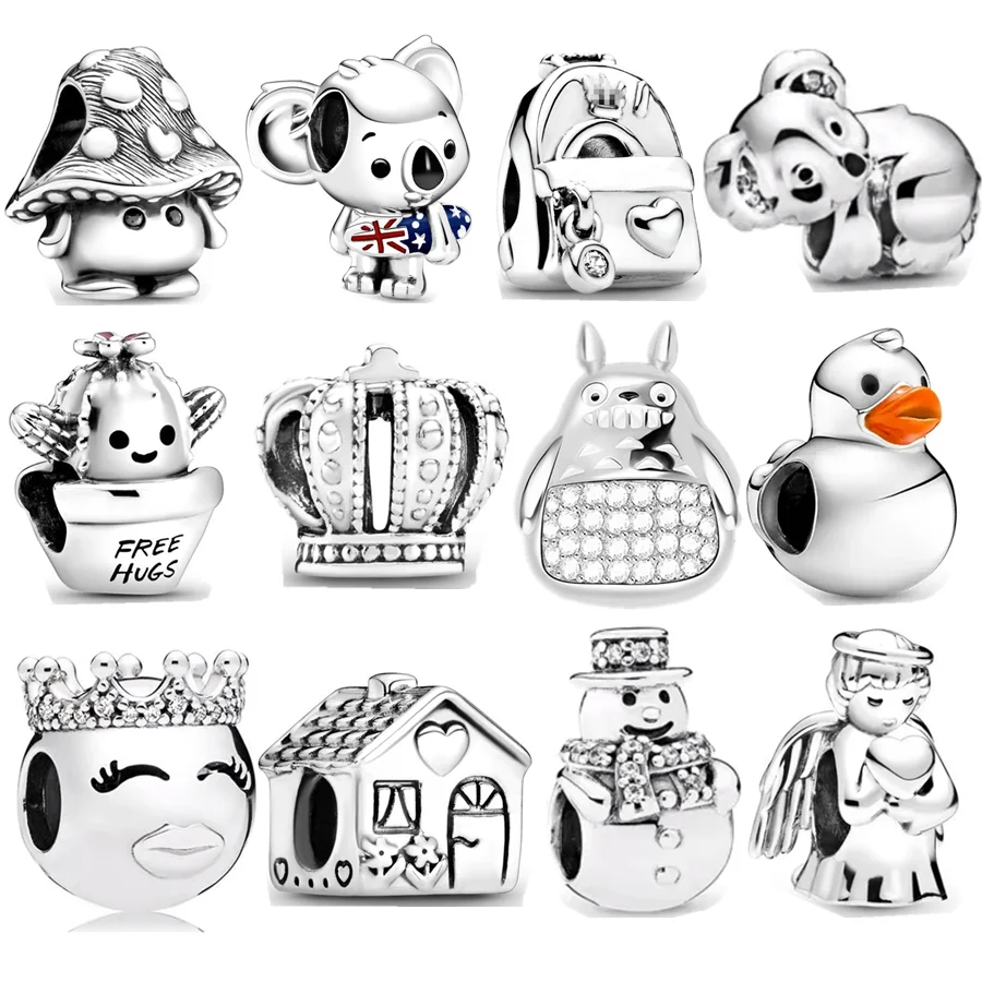 Cute Mushroom Free Hugs Cactus Regal Crown Angel Of Love Snowman Trinket Charm Bead Fit Original Silver 925 Bracelet DIY Jewelry