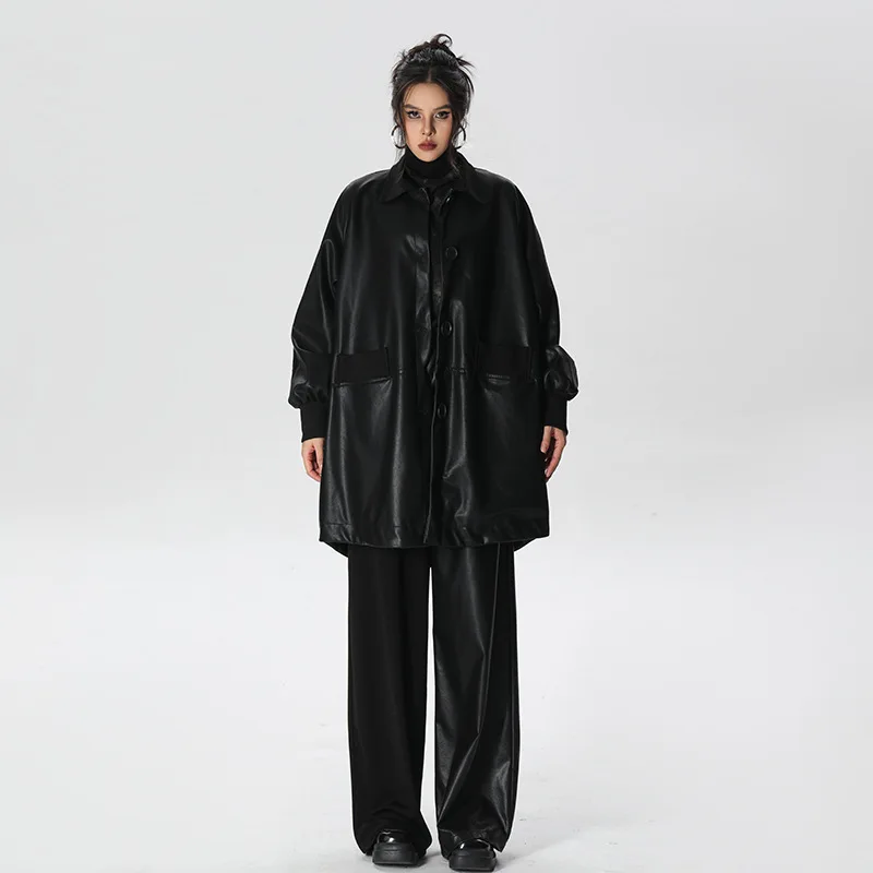 

SuperAen Korean Single-breasted Casual Leather Jacket 2025 Autumn New Loose Design Trench Coat