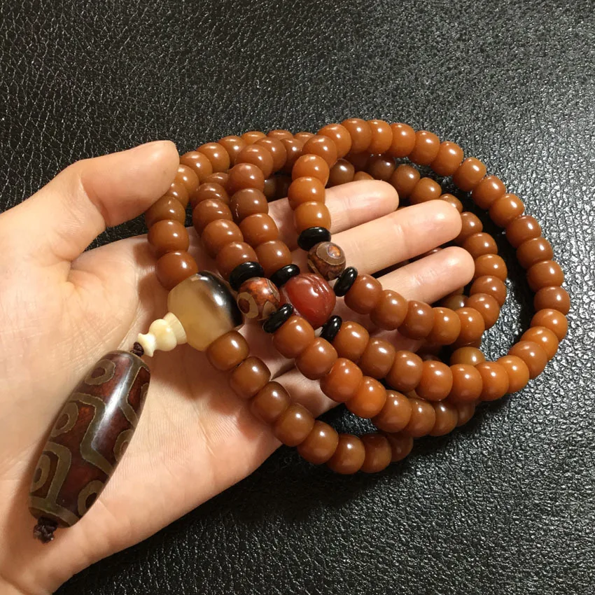 Natural 108 Beads Beeswax Buddhist Buddha Bracelet Meditation Prayer Bead Mala Bracelet Women Men Rosary Nine-eyed Agate Jewelry