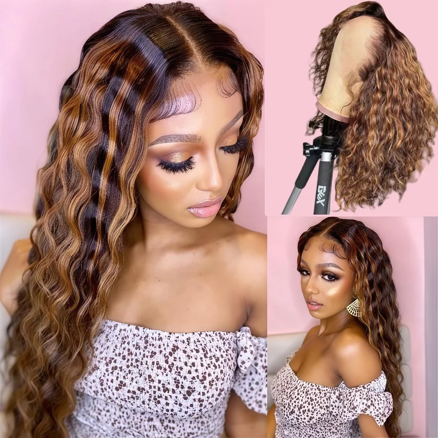 Ombre Highlight Deep Wave Lace Front Wigs Human Hair 4/27 Colored Plucked 13x4 HD Transparent Curly Lace Frontal Wig for Women Highlight Ombre Lace Front Wig Human Hair 13x4 HD Honey Blonde 4/27 Deep Wave Straight Lace Frontal Wigs