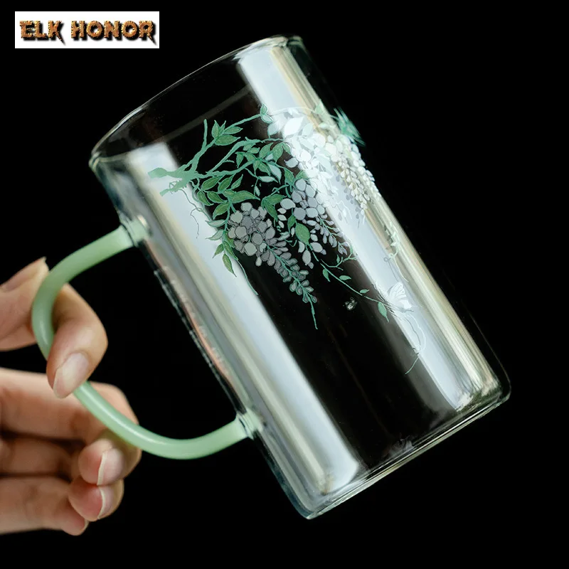 340ml Creative Wisteria Flower Borosilicate Ear Handle Cup Thickened Glass Water Jug Green Tea Special Brewing Mug Coffee Mug