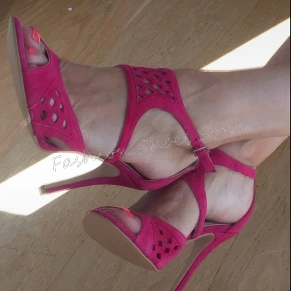 

Rose Red Hollow Out Ankle Buckle Sandals Open Toe Thin High Heels High Heel Shoes for Women Heels 2025 New Zapatos Para Mujere